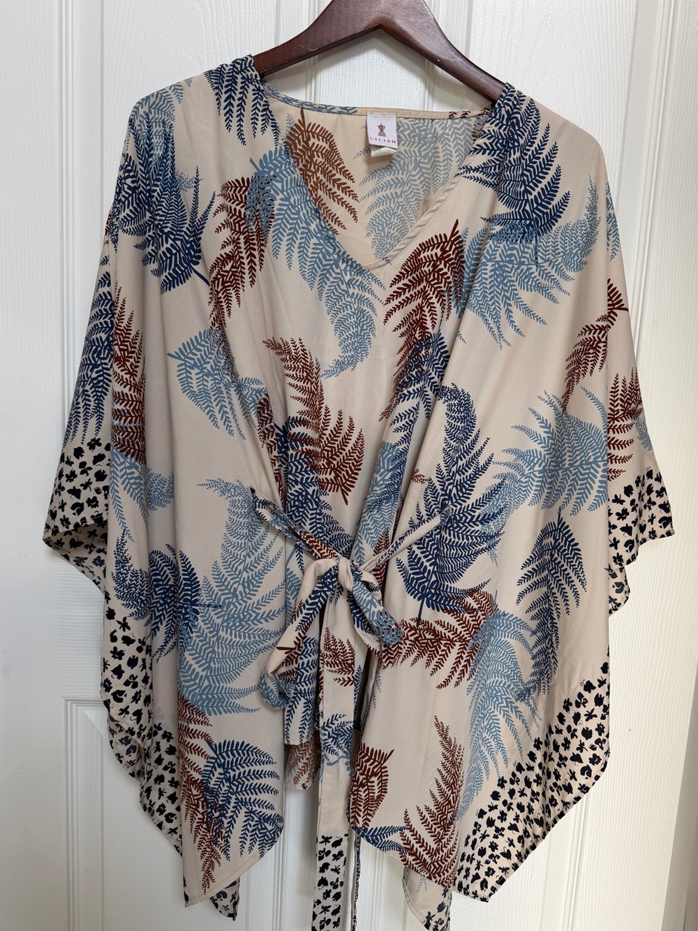 Lilian Boho Botanical Fern Print Kaftan Tunic Tie Waist Cover Up/Shirt
